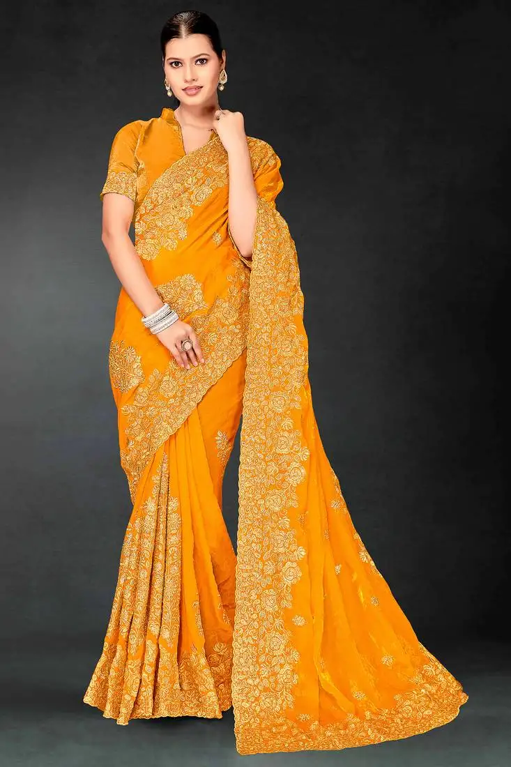 Mustard sequin embroidered art silk saree with blouse piece
