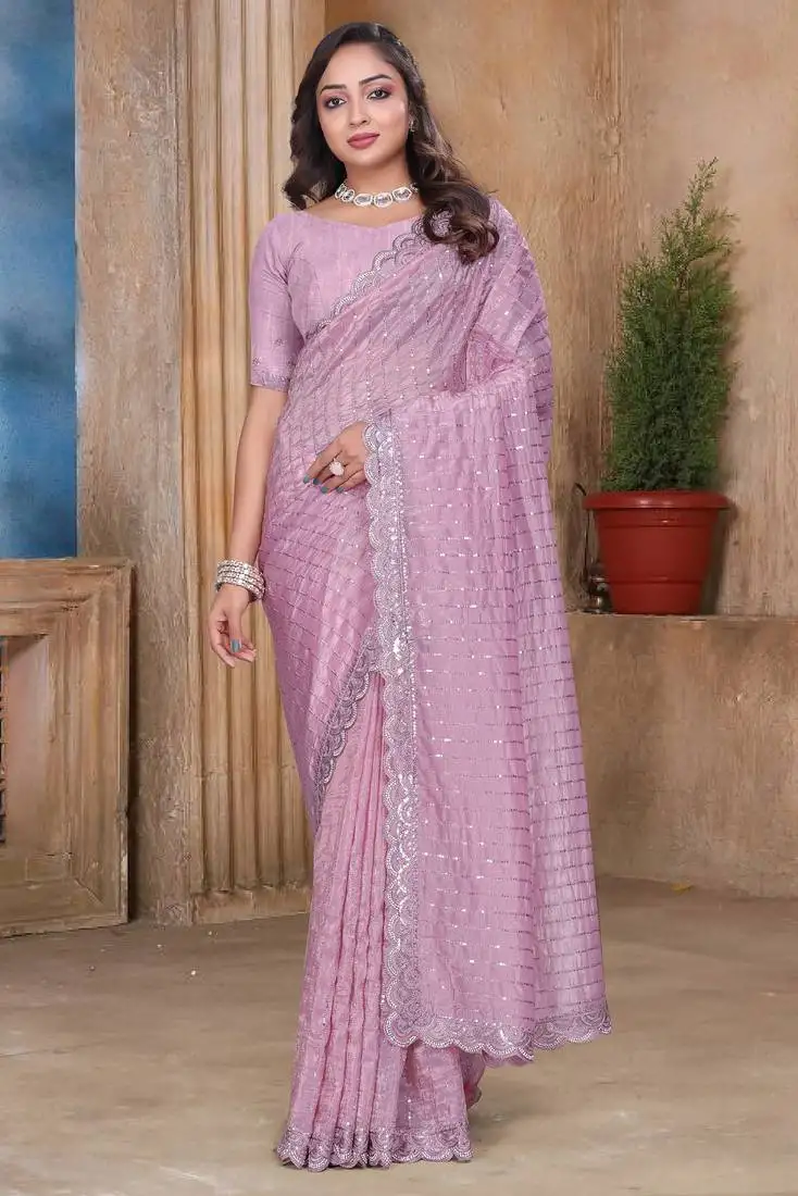 Pink sequin zari resham embroidered saree with matching blouse piece