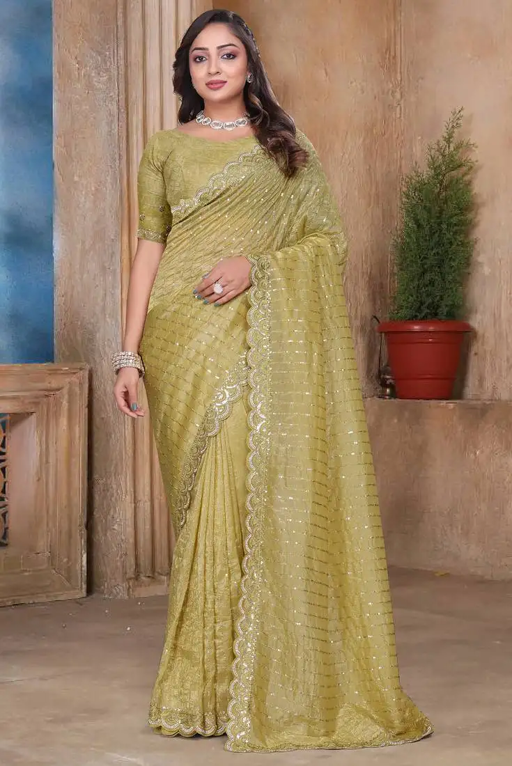 Mustard sequin zari resham embroidered saree with matching blouse piece