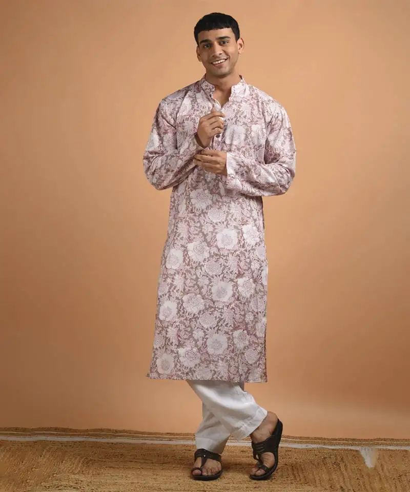 Brown floral printed cotton kurta