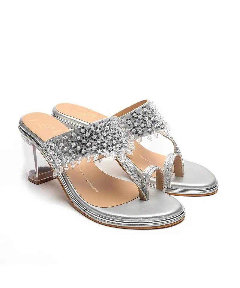 Silver faux leather finish block heel