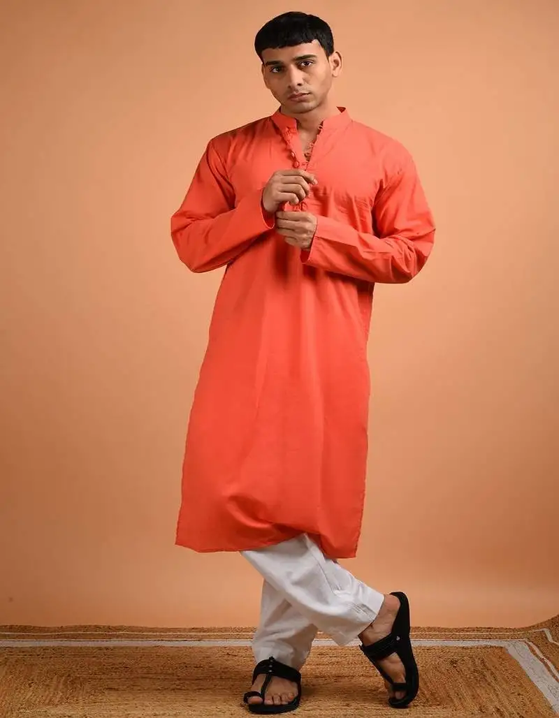 Orange plain cotton kurta