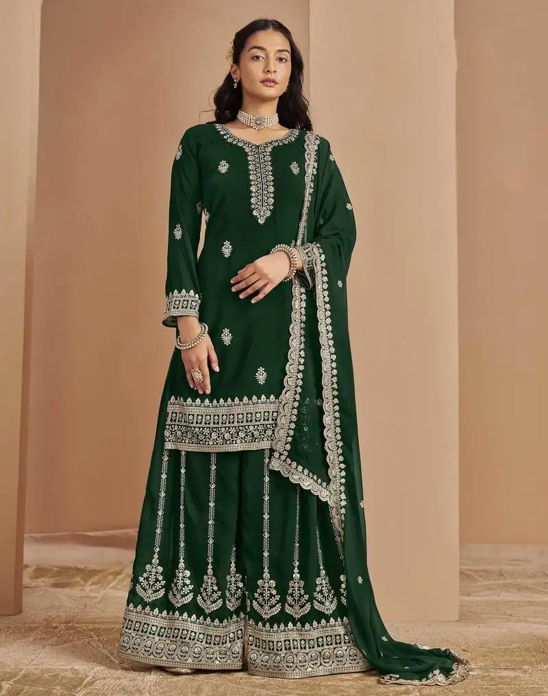 Green faux georgette embroidery with sequins work top-palazzo with dupatta full stitched free size semi stitched
