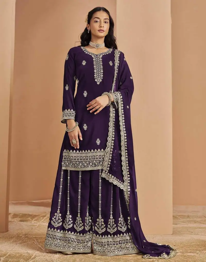 Purple faux georgette embroidery with sequins work top-palazzo with dupatta full stitched free size semi stitched