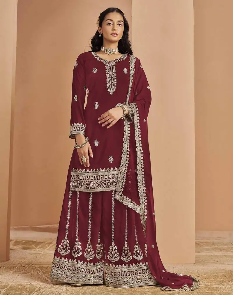 Maroon dola silk jacquard with thread embroidery sequins work salwar kameez full stitched free size semi stitched