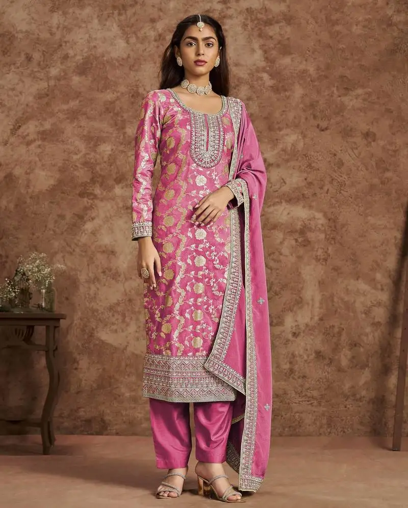 Raani pink dola silk jacquard with thread embroidery sequins work salwar kameez full stitched free size semi stitched
