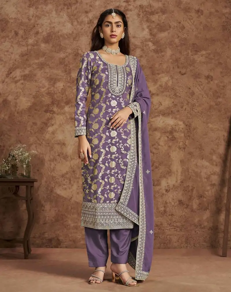 Purple dola silk jacquard with thread embroidery sequins work salwar kameez full stitched free size semi stitched