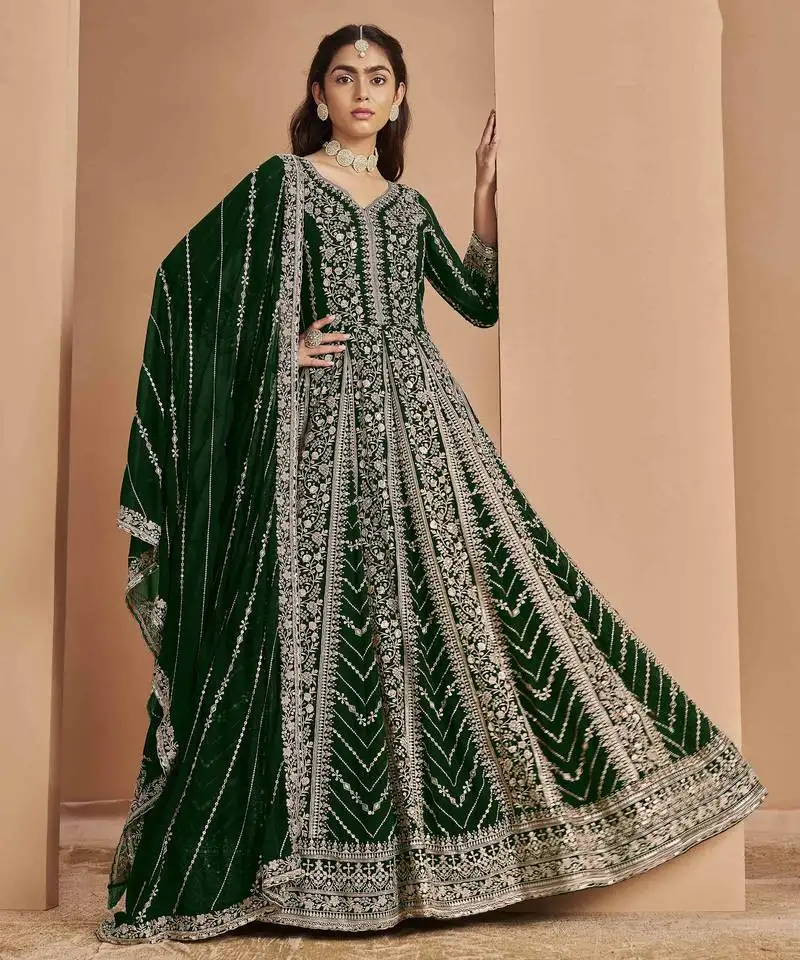 Dark green faux georgette embroidery with sequins work salwar kameez full stitched free size semi stitched