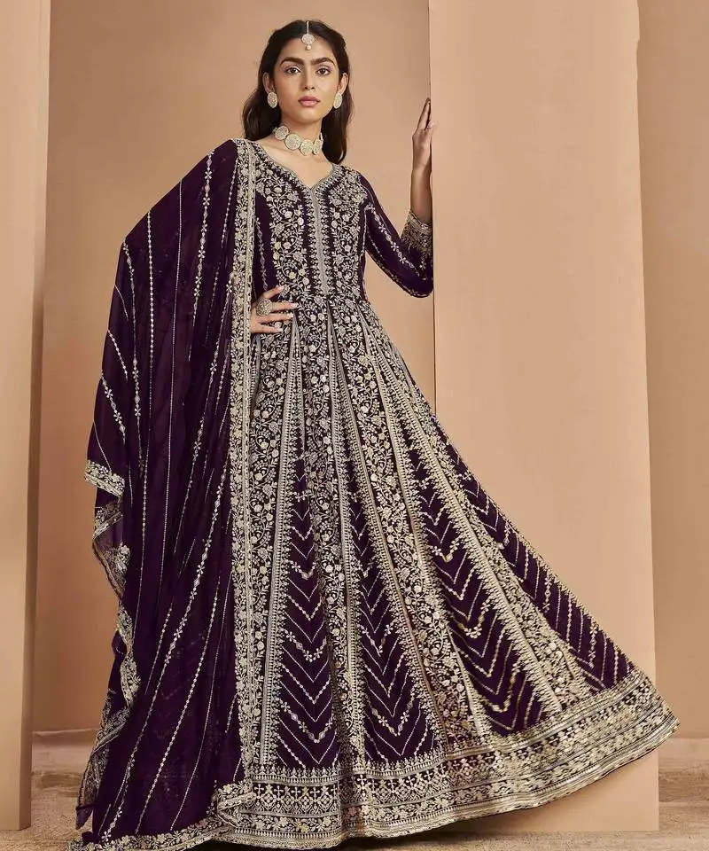 Dark purple faux georgette embroidery with sequins work salwar kameez full stitched free size semi stitched
