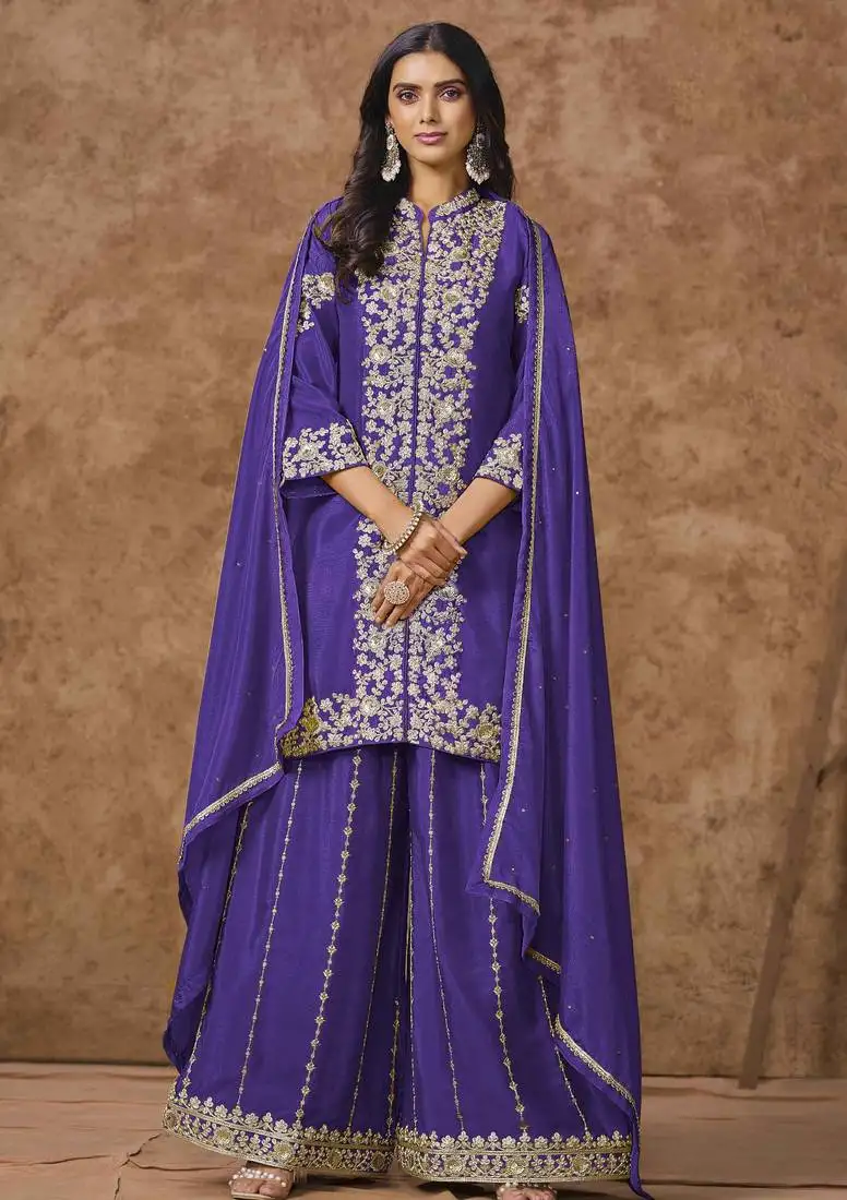 Voilet chinon embroidery with sequins work top-palazzo with dupatta full stitched free size