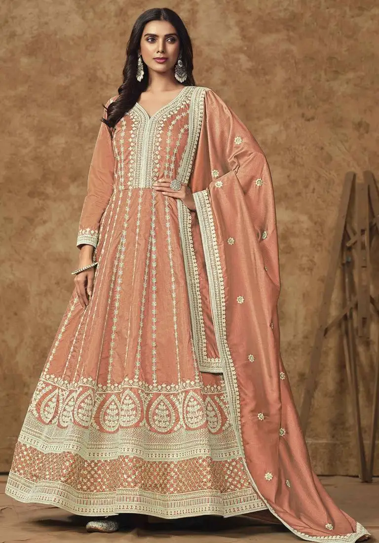 Peach dola silk embroidery with sequins work gown with dupatta full stitched free size