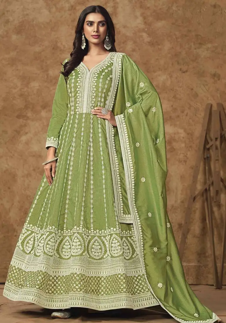 Light green dola silk embroidery with sequins work gown with dupatta full stitched free size