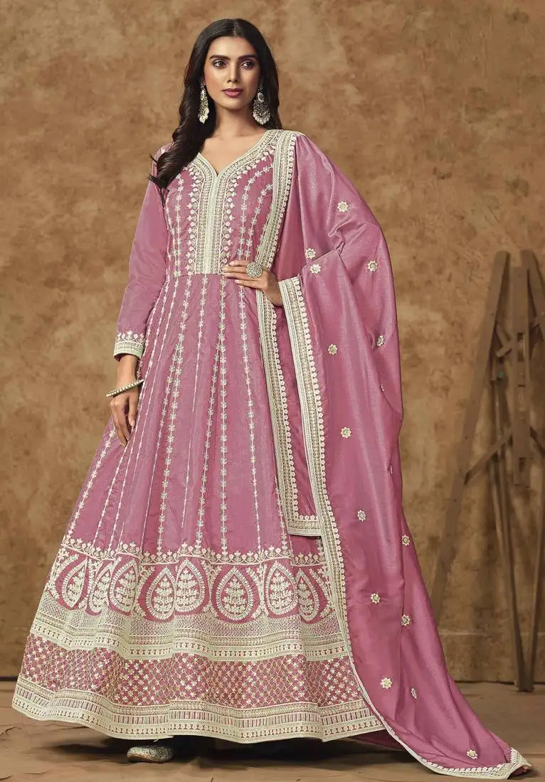 Pink roman silk embroidery with sequins work salwar kameez full stitched free size