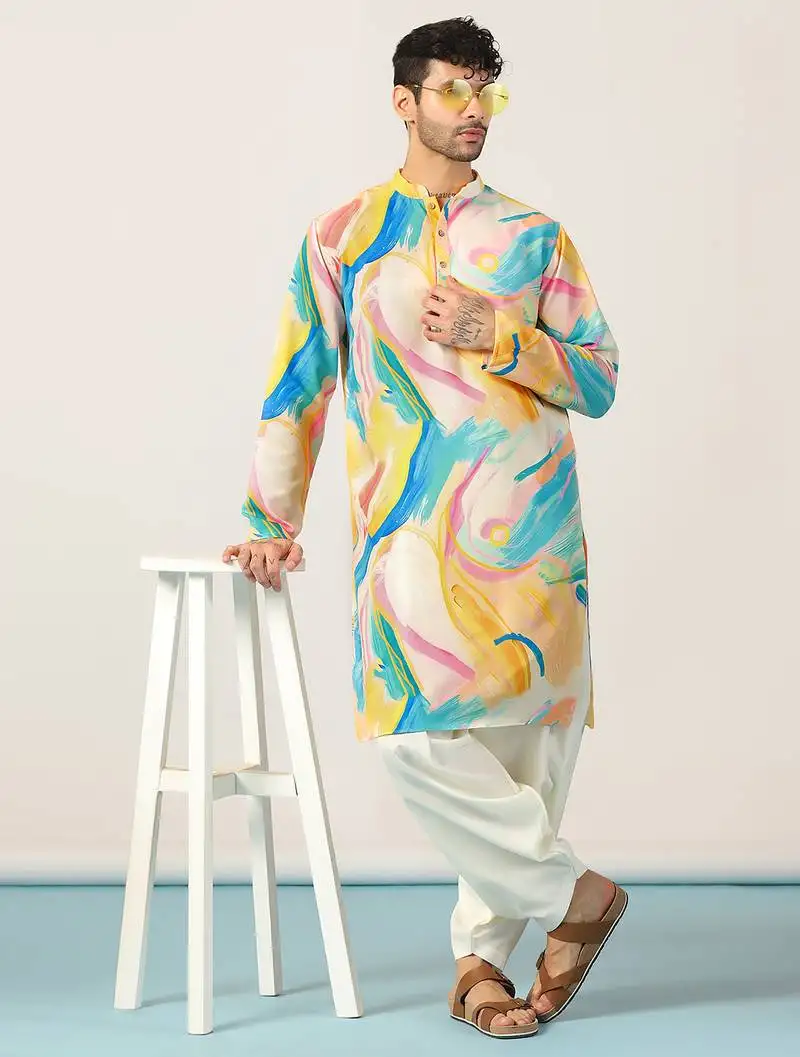 Yellow abstract printed kurta patiala set   traditional indian outfit for celebrations