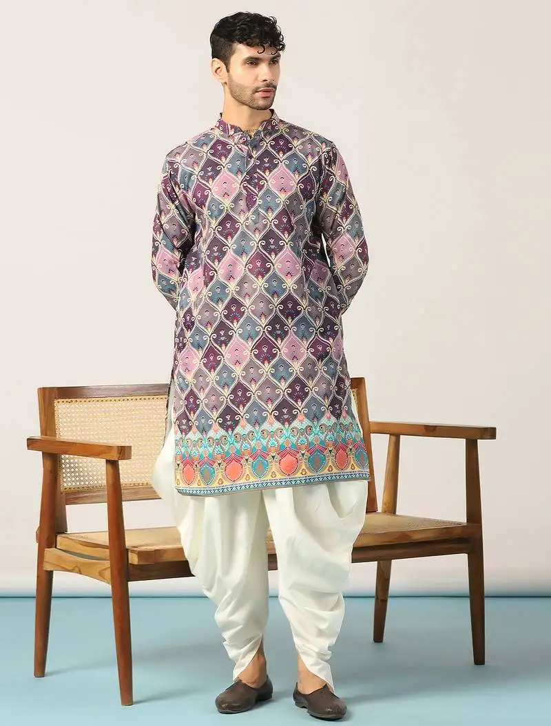 Purple kurta dhoti set with ethnic motifs print   indian traditional festive wear