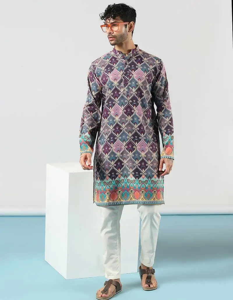 Purple kurta pant set with ethnic motifs print   indian wedding & festival outfit