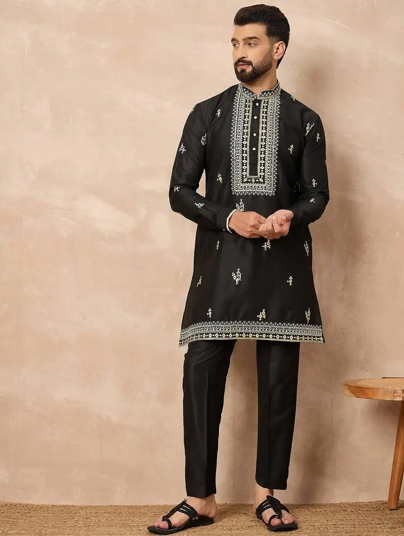 Black embroidered kurta pant set indian festive wear with elegant detailing