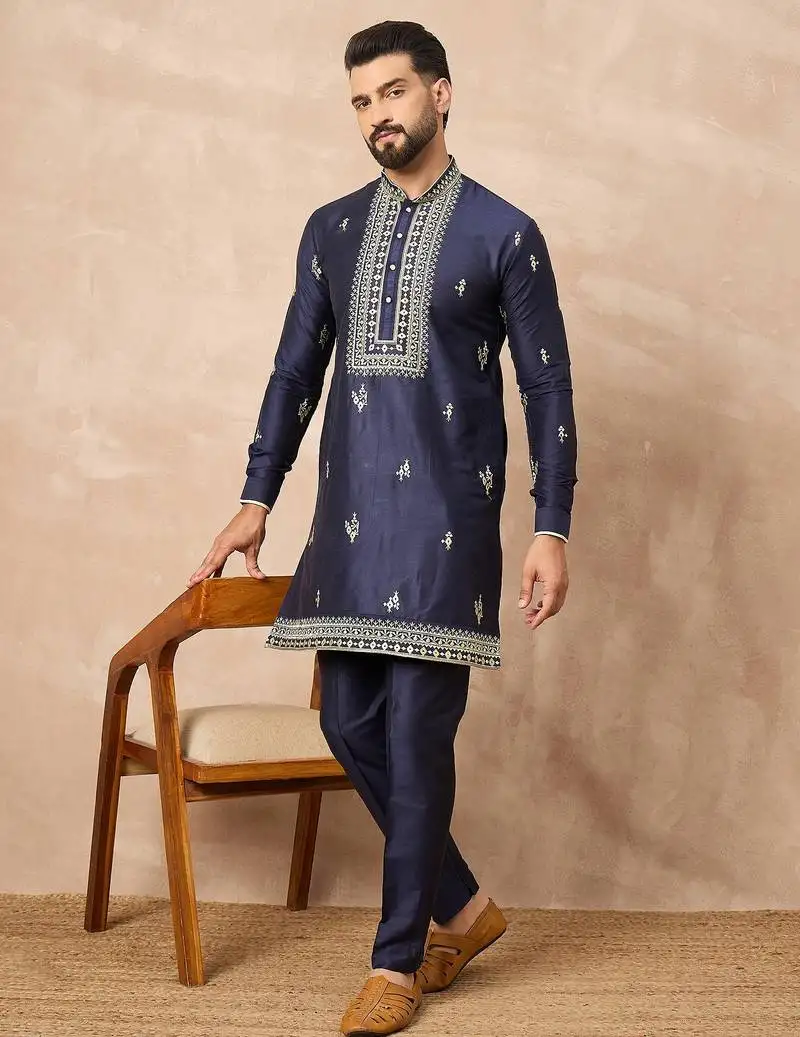 Navy blue embroidered kurta pant set stylish indian wedding outfit for men