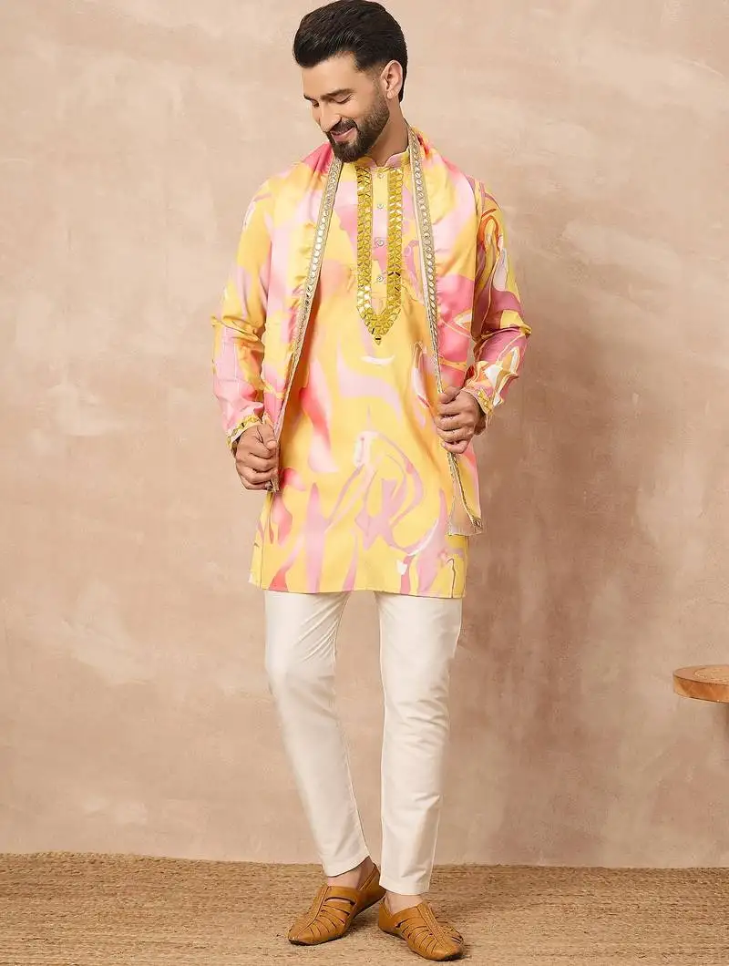 Yellow embroidered kurta pant set   bright indian traditional wear for festivals