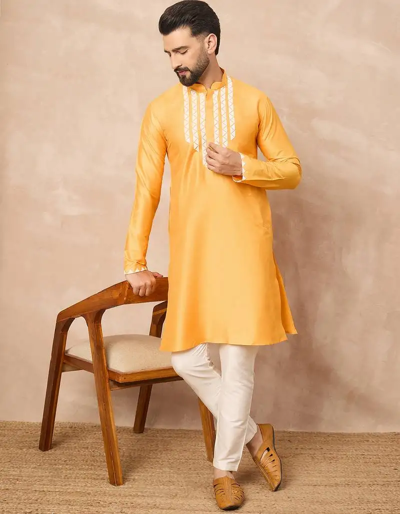 Yellow kurta pant set with bead embellishments   indian festive designer wear