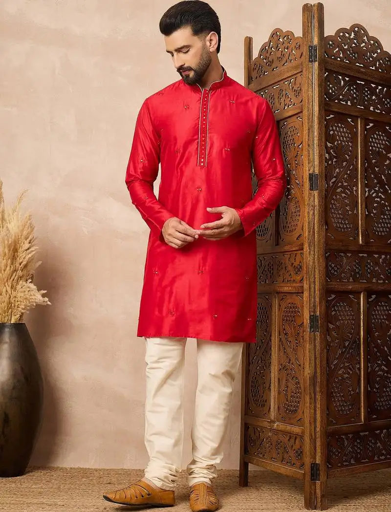 Red embroidered kurta pant set festive indian attire for celebrations