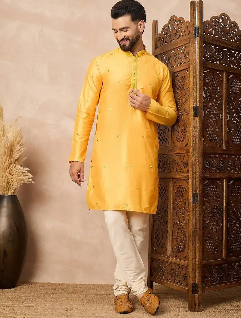 Yellow abstract printed kurta pant set   stylish indian ethnic wear for men
