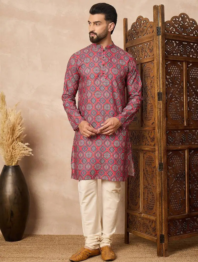 Red abstract printed kurta pant set   indian traditional outfit for festivals