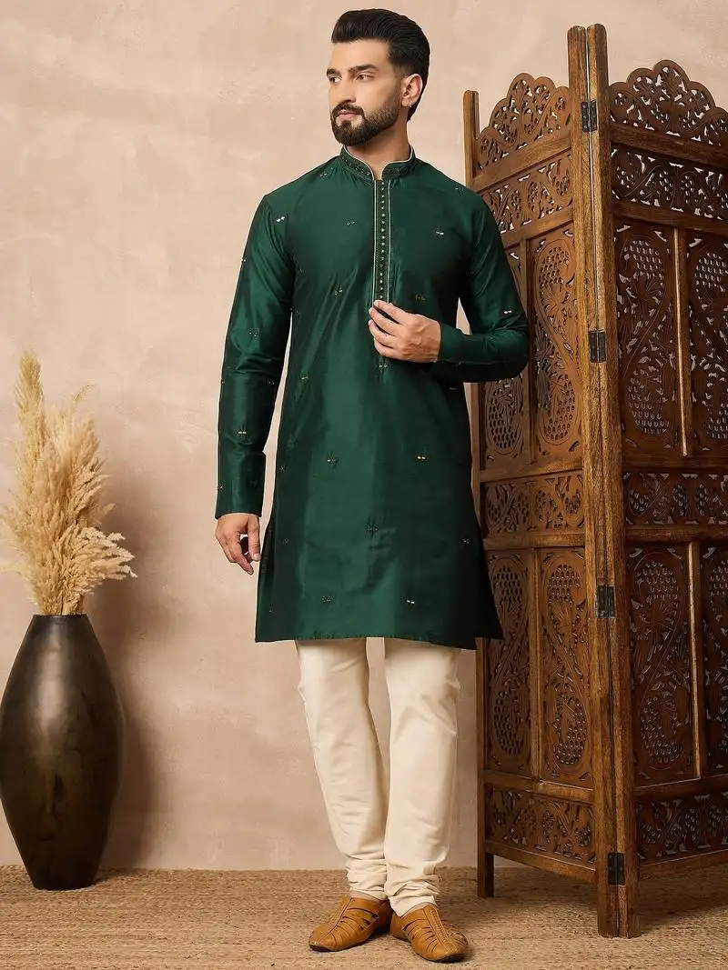 Green embroidered kurta pant set elegant indian festive wear for men