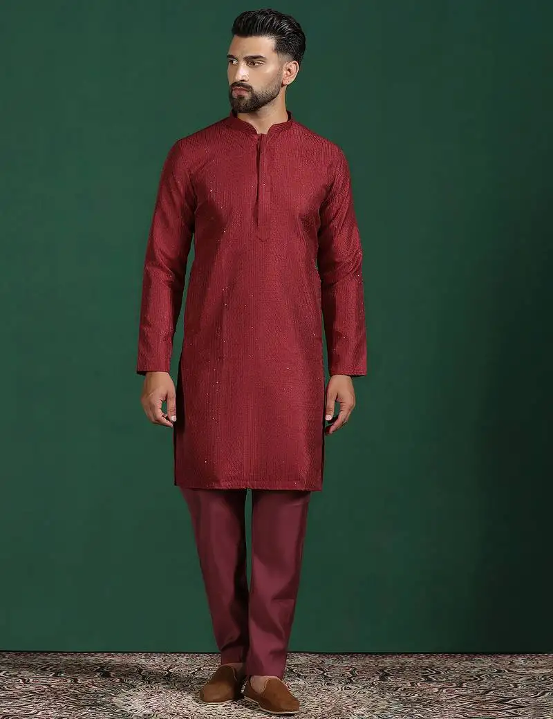 Red embroidered kurta pyjama set elegant indian festive wear for men