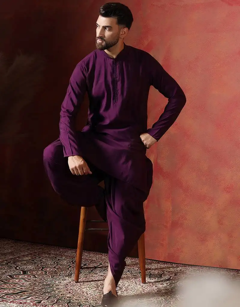 Purple solid kurta dhoti set   minimalist indian traditional wear for men