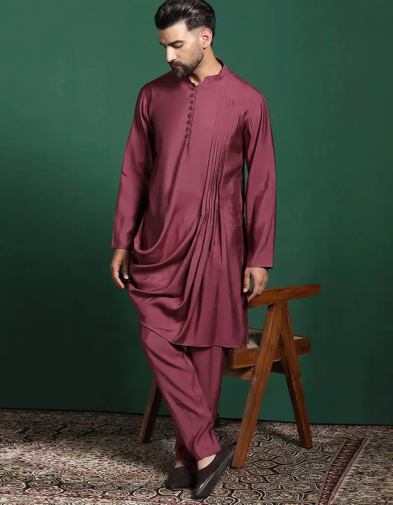 Wine solid kurta pyjama set   rich-tone indian traditional wear for festivals