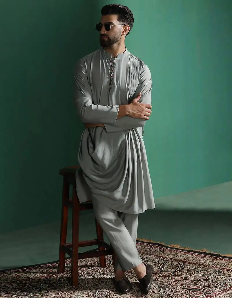 Light sage grey solid kurta pyjama set subtle indian ethnic wear