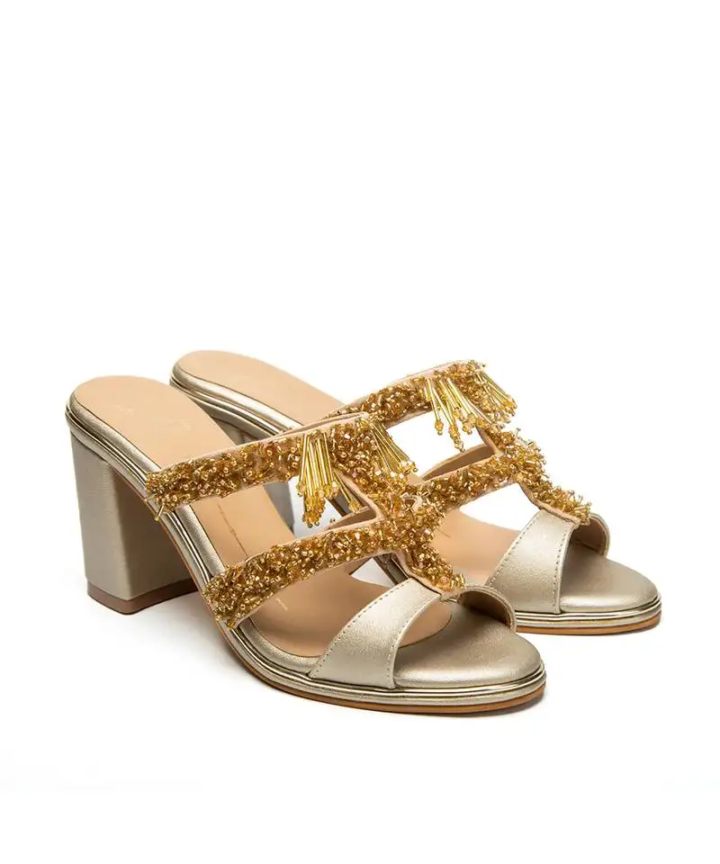 Gold leather finish block embroidered strapy detailed upper heels