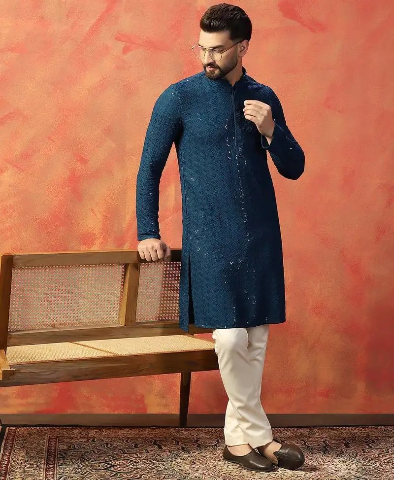Blue sequins kurta pant set   festive indian party wear for men