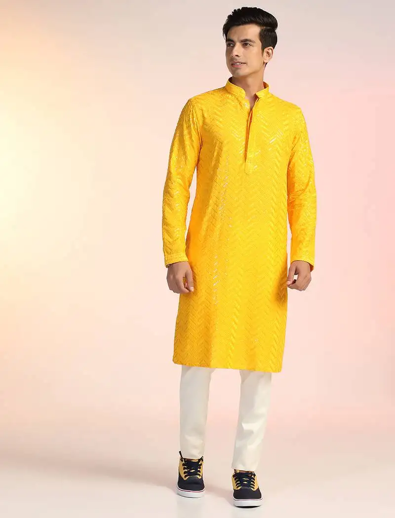 Yellow sequins kurta pant set eye-catching indian outfit for celebrations