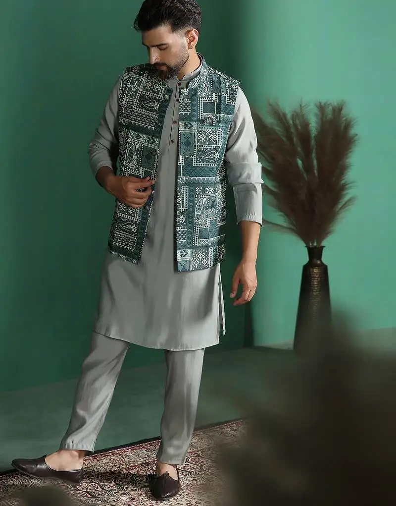 Green kurta jacket pyjama set with ethnic motifs print royal indian traditional wear