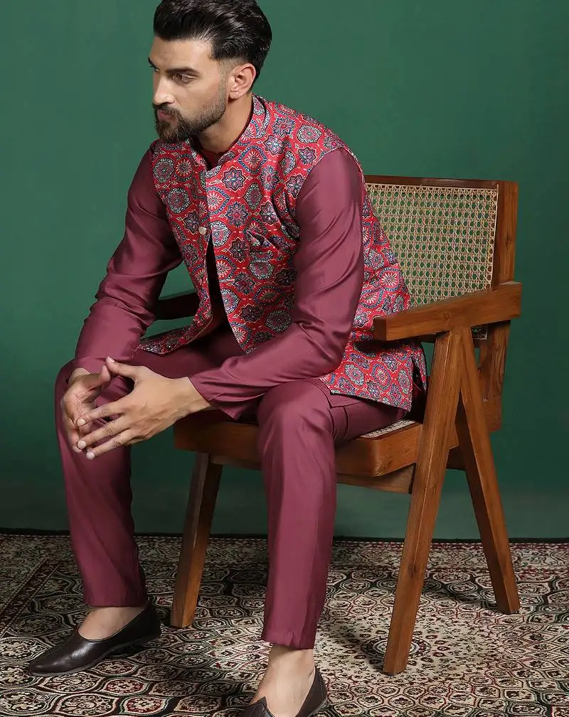 Red printed kurta jacket pyjama set   indian ethnic wear for festive events