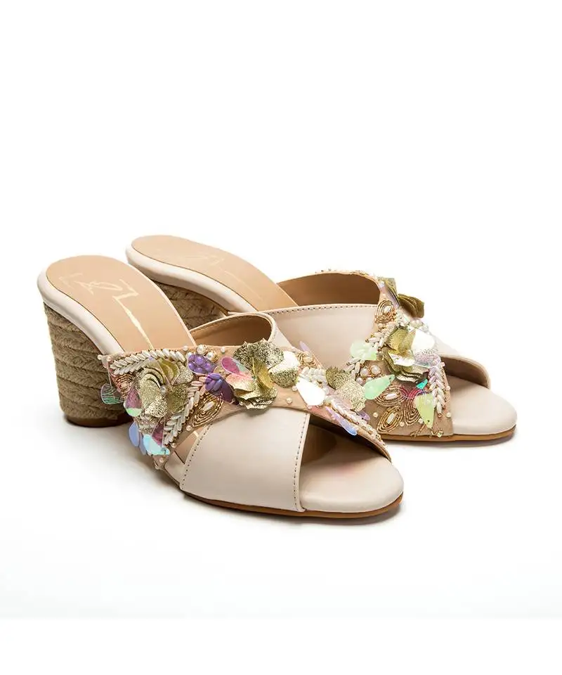 Beige leather finish block heels