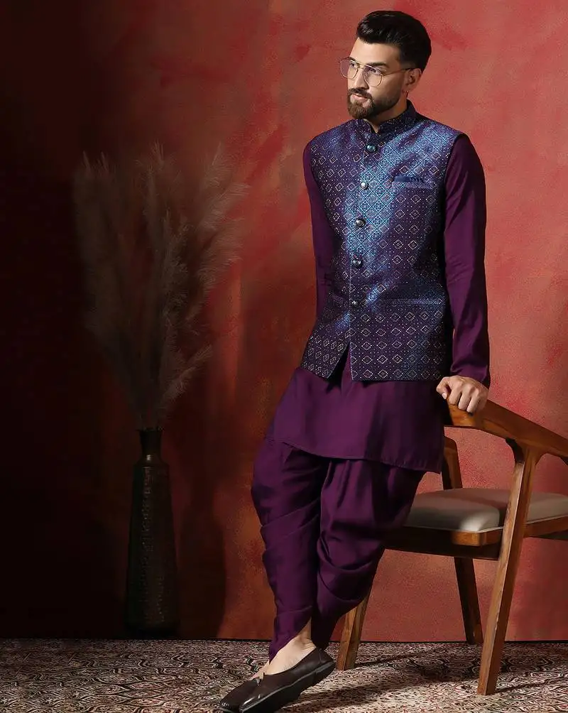 Blue jacquard kurta jacket dhoti set regal indian wedding outfit