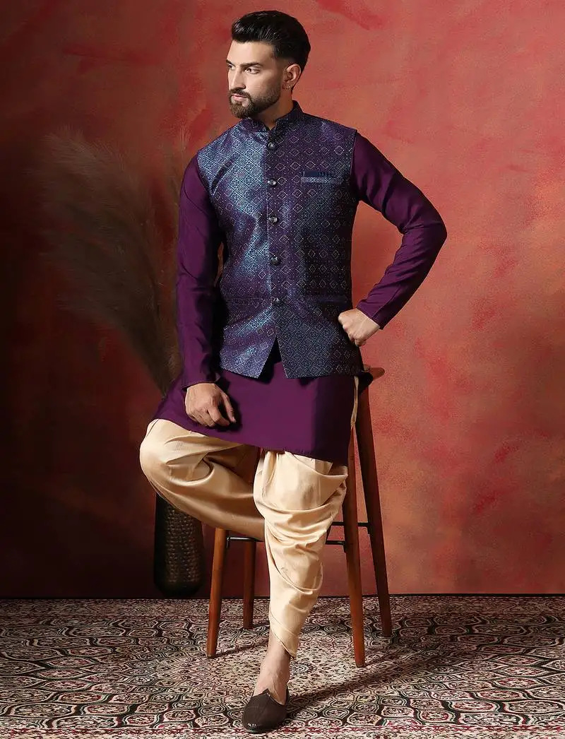 Blue jacquard kurta jacket patiala set designer indian traditional wear