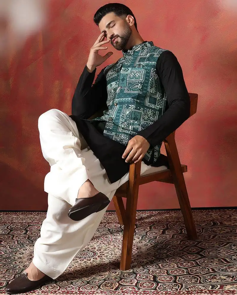 Green kurta jacket patiala set with ethnic motifs print indian ethnic wear for men