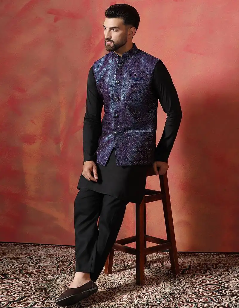 Blue jacquard kurta jacket trouser set premium indian ethnic outfit