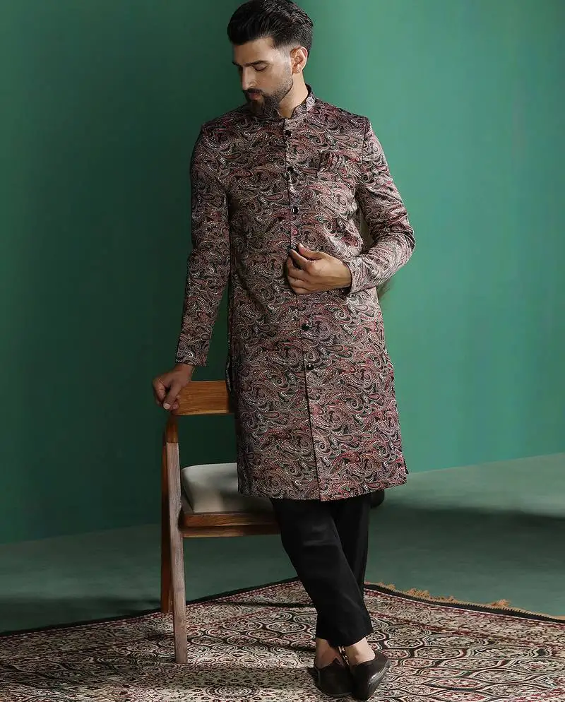Maroon sherwani trouser set with paisley design regal indian wedding attire
