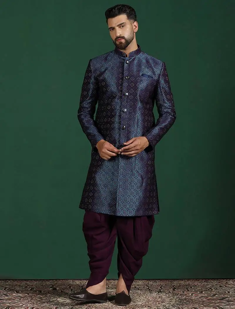 Navy blue embroidered sherwani dhoti set indian groom wedding wear