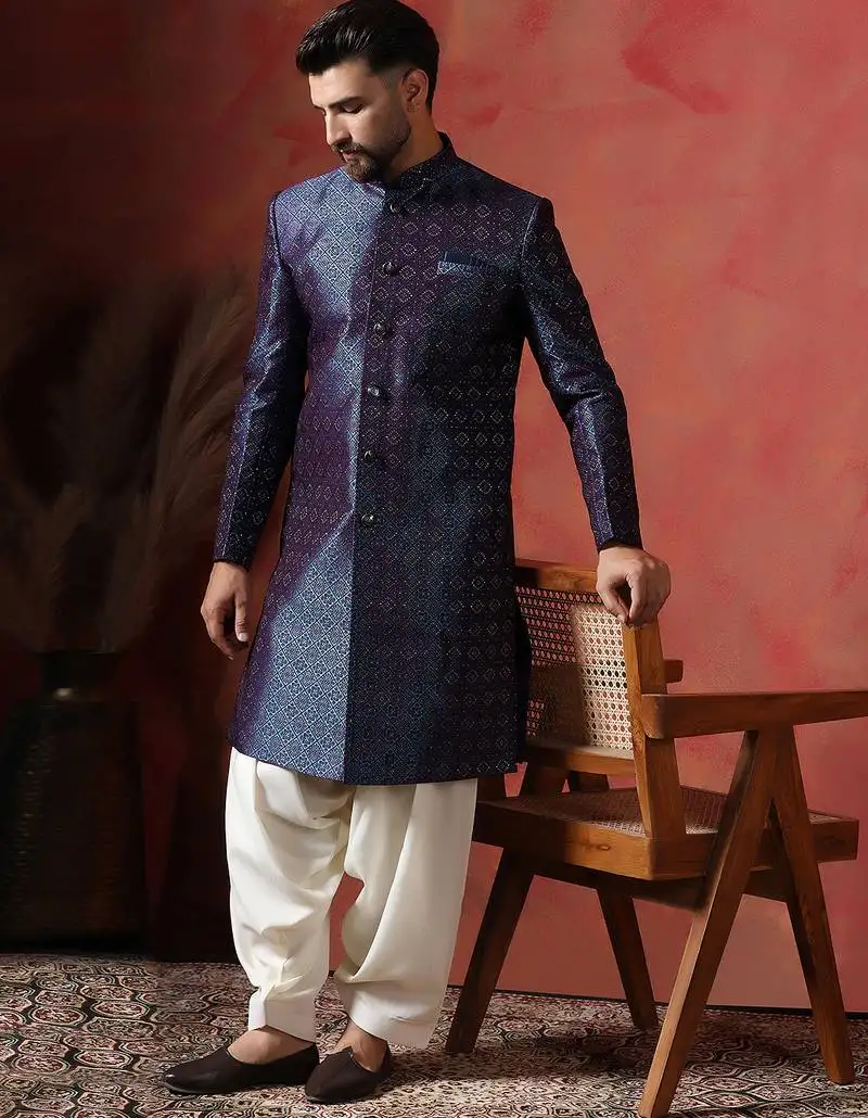 Navy blue embroidered sherwani with golden patiala
