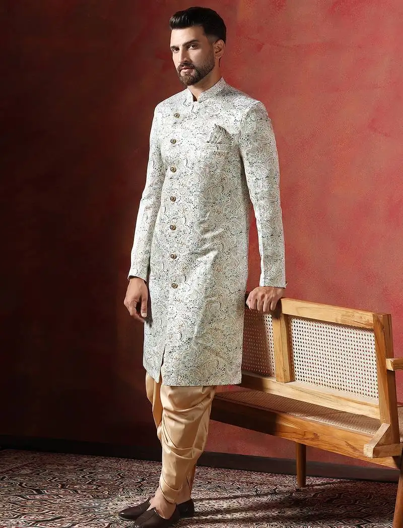 Cream sherwani patiala set with paisley design   indian cultural event outfit