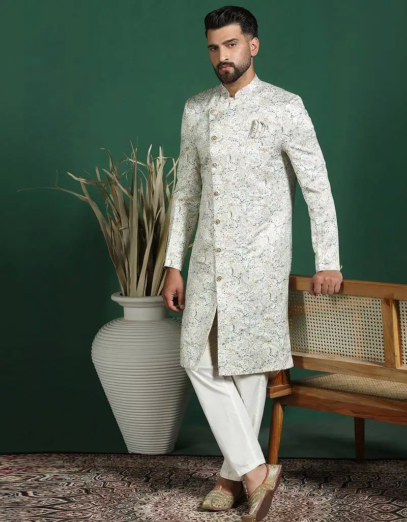 Cream sherwani pyjama set with paisley design   indian traditional wedding wear