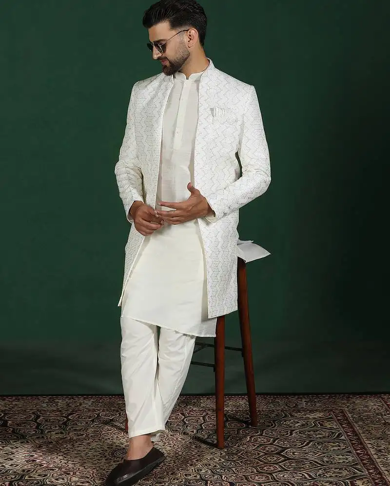 White open sherwani kurta pyjama set   embroidered indian wedding outfit