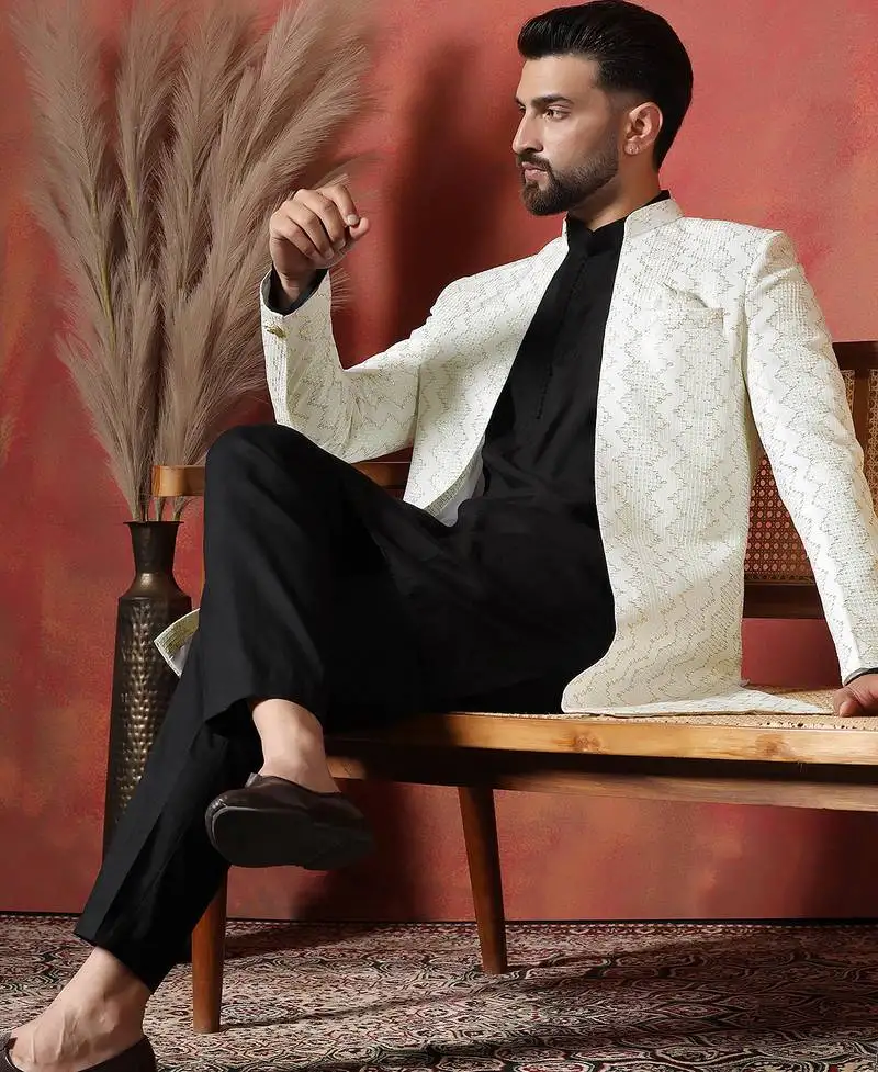 White open sherwani kurta pyjama set   formal indian ethnic wear for men
