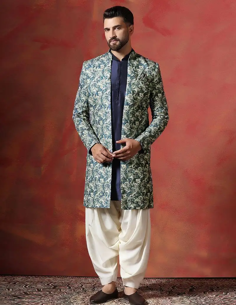Blue paisley design open sherwani kurta pyjama set   unique indian ethnic wear